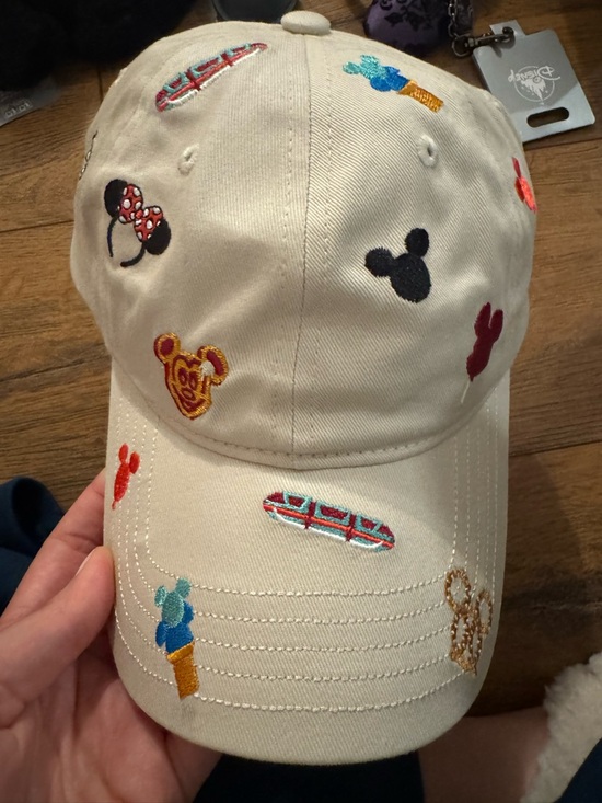Disney Accessories - Disney Cream Baseball Hat with Multicolor Embroidered Mickey Icons